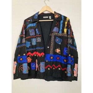 Vintage Chico’s Patched Appliqué Jacket LARGE Black Size 2 Women's